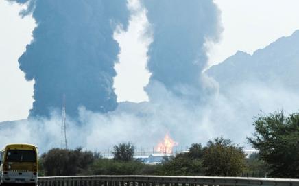 Smoke and flames rise from an energy installation in the Gulf emirate of Fujairah. PIC/AFP